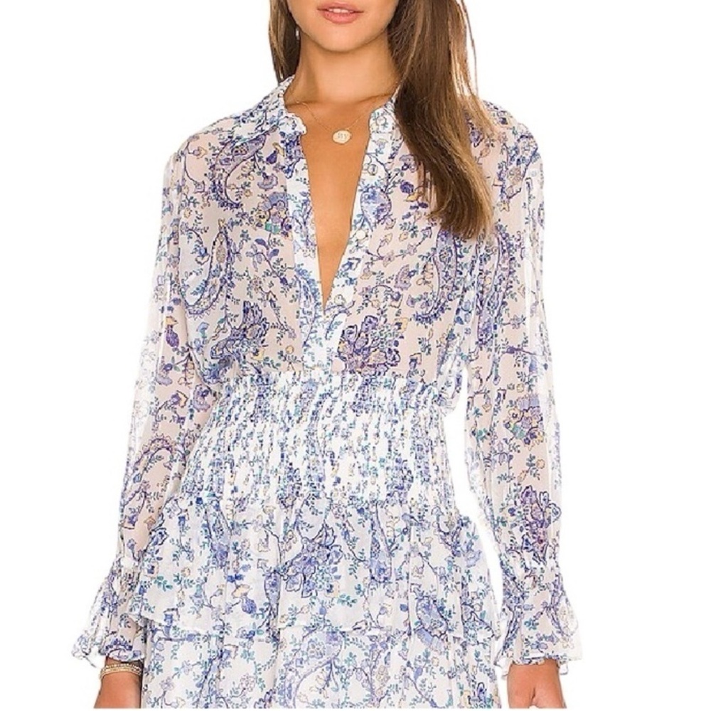 NWT MILLY Blue White lacey sketched paisley blouse in white multi Sz S